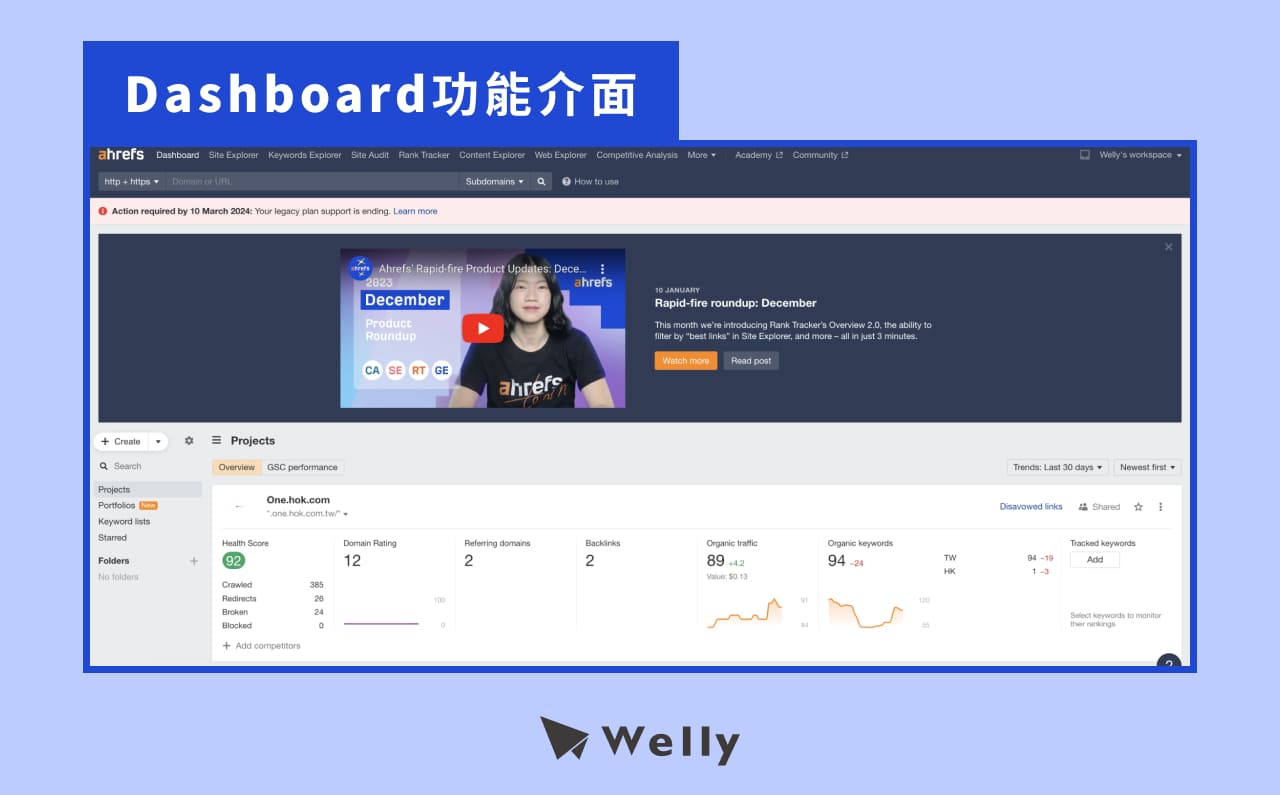 Ahrefs的Dashboard功能介面